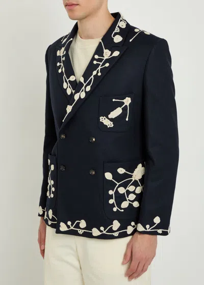 Bode Snowdrop Embroidered Wool-blend Blazer In Black
