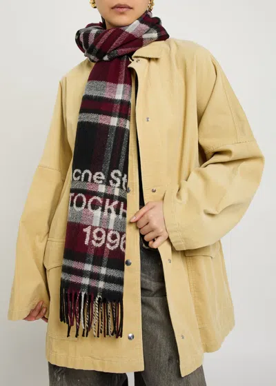 Acne Studios Logo-intarsia Checked Wool-blend Scarf In Brown