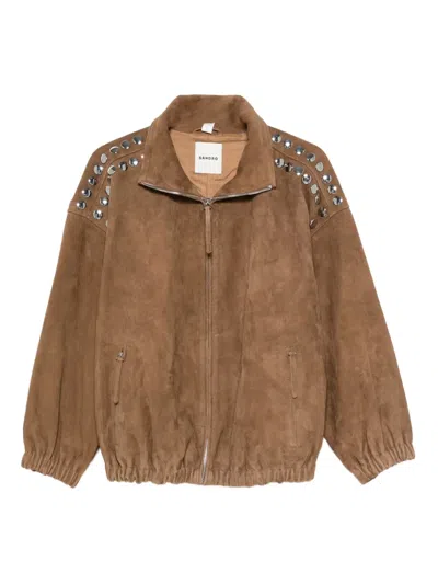 Sandro Studded Zip-up Jacket In Brown