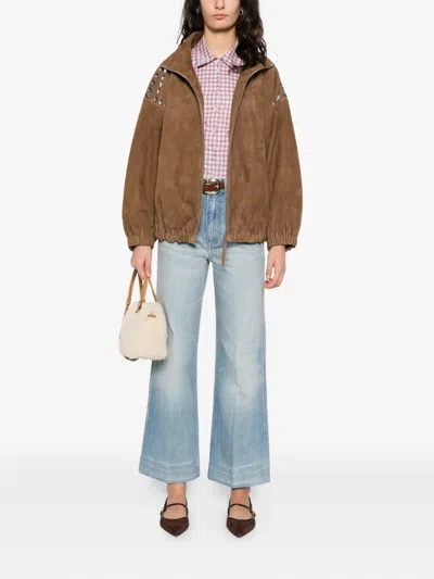 Sandro Studded Zip-up Jacket In Brown