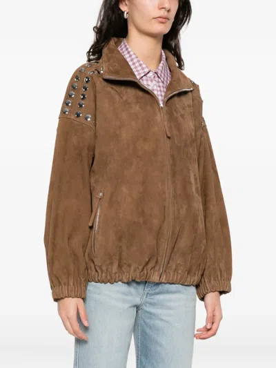 Sandro Studded Zip-up Jacket In Brown