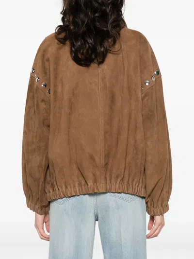 Sandro Studded Zip-up Jacket In Brown