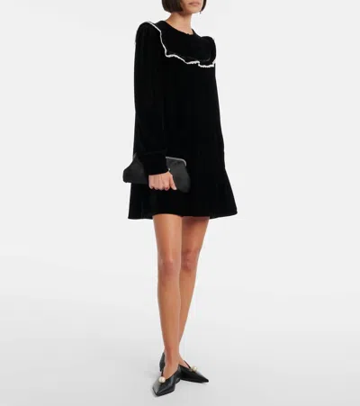 Ganni Stretch Velvet Jersey Collar Mini Dress In Black