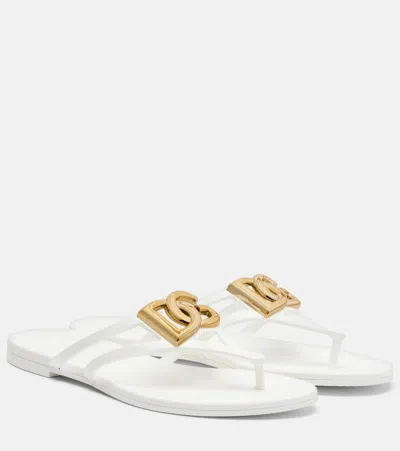 Dolce & Gabbana White Thong Sandals With Logo Plaque On The Front In Rubber Woman In Multi