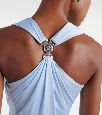 Versace Light Blue Midi Dress With V-neck And Medusa Plaque On The Back In Viscose For Women In Blue