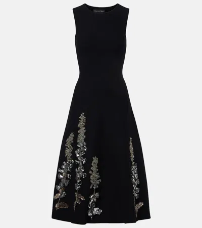 Oscar De La Renta Embroidered Foxglove Sleeveless Midi Dress In Black