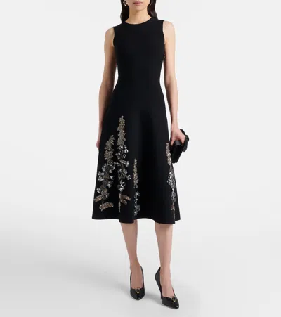 Oscar De La Renta Embroidered Foxglove Sleeveless Midi Dress In Black