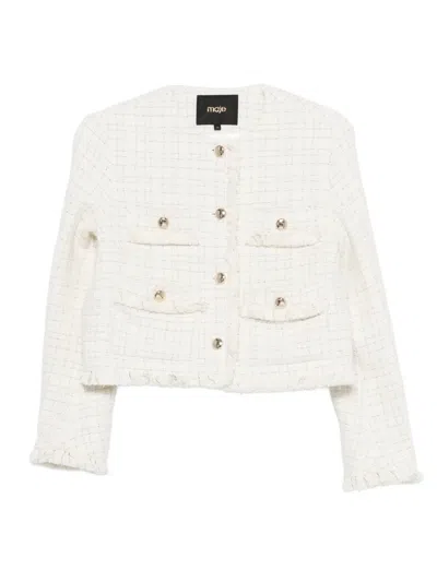 Maje Fringed Buttoned Tweed Jacket In White