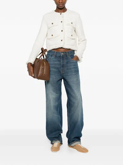 Maje Fringed Buttoned Tweed Jacket In White