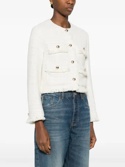 Maje Fringed Buttoned Tweed Jacket In White