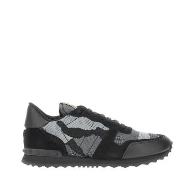 Valentino Garavani Mans Rockrunner Camouflage Noir Leather And Fabric Sneakers In Black