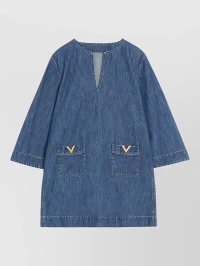 Valentino Vlogo Signature Mini Dress With V-neck And Pockets In Blue
