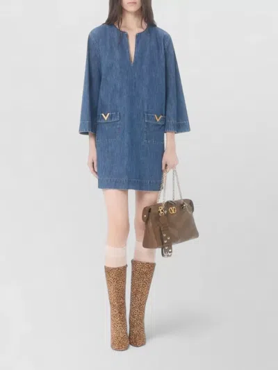 Valentino Vlogo Signature Mini Dress With V-neck And Pockets In Blue