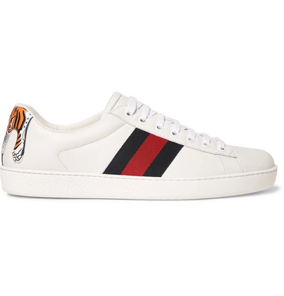Shop Gucci Ace Watersnake-trimmed Leather Sneakers