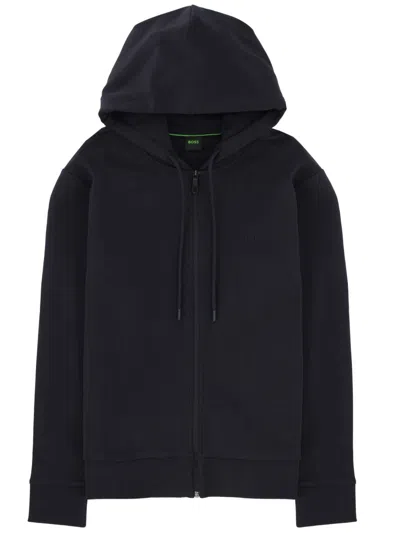 Hugo Boss Mens Dark Blue Branded Pouch-pocket Stretch-jersey Hoody Xl In Black