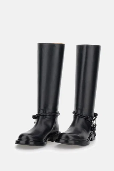 Bottega Veneta Knee High Boot Braided Strap Detail In Black