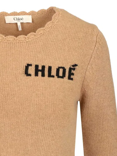 Chloé Scalloped Wool And Cashmere Blend Sweater In Brown