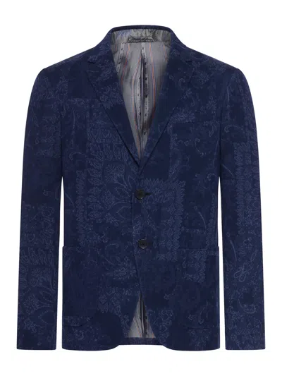 Etro Men Single-breasted Jacquard Cotton Jacket With Floral Pattern In Blue