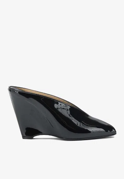 Ferragamo Leather Mules With Wedge Heel And Glossy Finish In Black