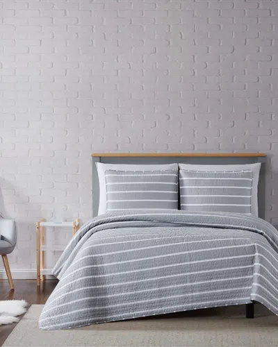 Truly Soft Maddow Stripe Grey Quilt Set In Gray