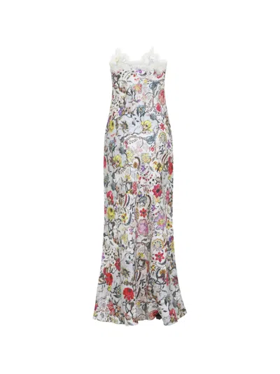 Roberto Cavalli Long Silk Dress With Florentine Flowers Print In Multi