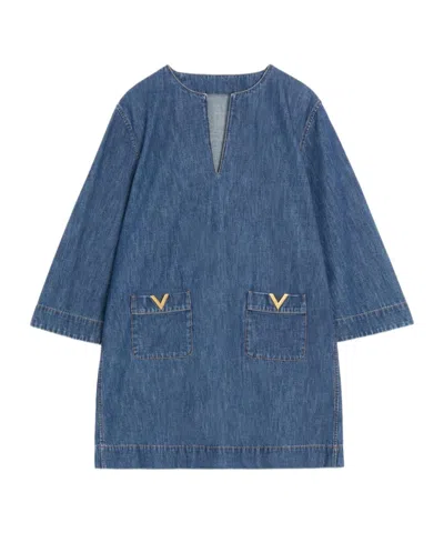 Valentino Vlogo Signature Denim Dress Three Quarter Sleeves In Blue