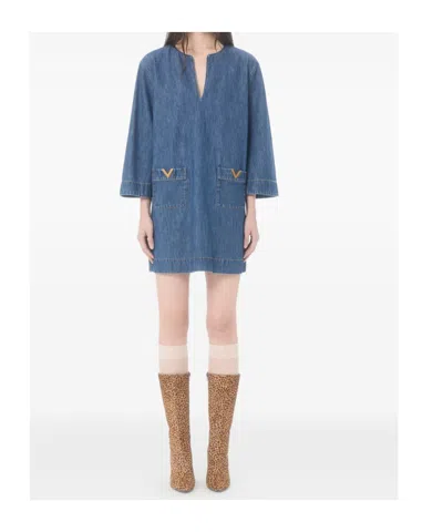 Valentino Vlogo Signature Denim Dress Three Quarter Sleeves In Blue