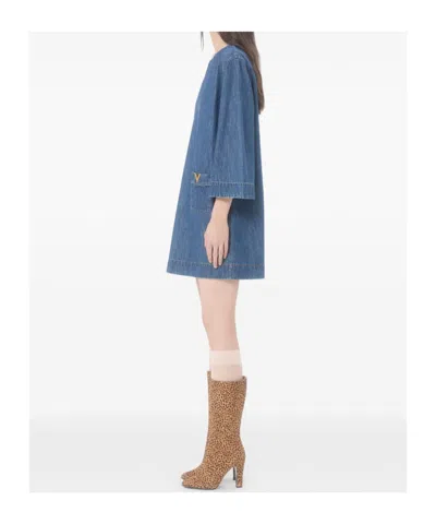Valentino Vlogo Signature Denim Dress Three Quarter Sleeves In Blue