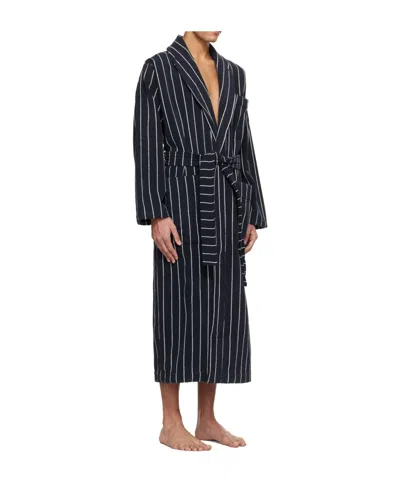 Tekla Belted Striped Organic Cotton-terry Robe In Blue