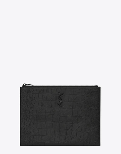 Saint Laurent Monogram Briefcase Crocodile Print In Black