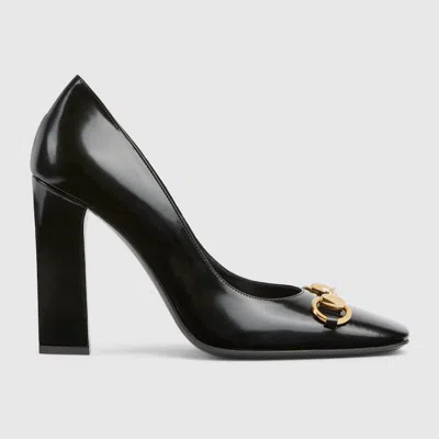 Gucci Signora Pumps Block Heel Gold Tone Hardware In Black