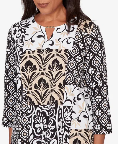 Alfred Dunner Plus Size Classic Geometric Scroll Patchwork Split Neck Top