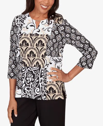 Alfred Dunner Petite Classic Geometric Scroll Patchwork Split Neck Top In Multi