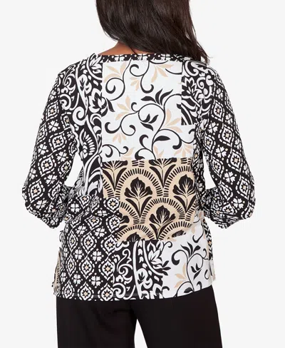 Alfred Dunner Petite Classic Geometric Scroll Patchwork Split Neck Top In Multi