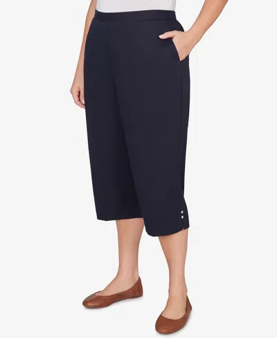 Alfred Dunner Plus Size Classic Solid Twill Button Hem Capri Pants In Blue
