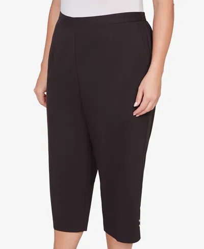 Alfred Dunner Plus Size Classic Solid Twill Button Hem Capri Pants In Black