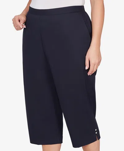 Alfred Dunner Plus Size Classic Solid Twill Button Hem Capri Pants In Blue