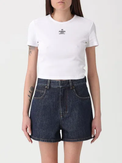 Fendi Women White Ribbed Crop T-shirt With Logo Embroidery In Cotton Woman