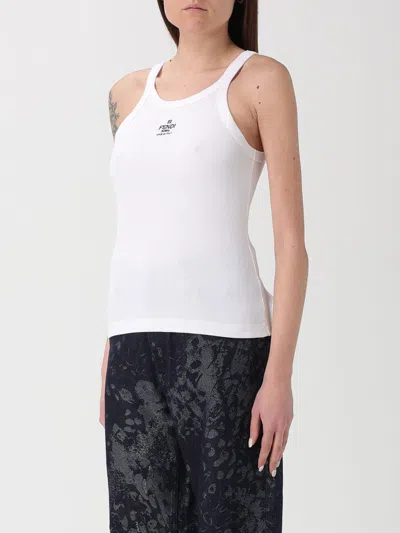 Fendi Women White Ribbed Tank Top With Contrasting Logo Embroidery In Stretch Cotton Woman