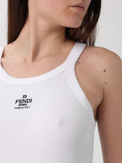 Fendi Women White Ribbed Tank Top With Contrasting Logo Embroidery In Stretch Cotton Woman