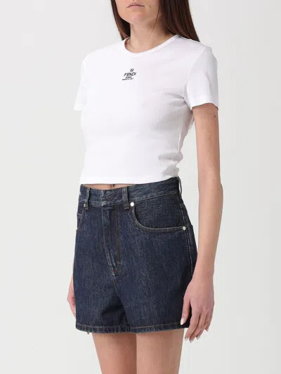Fendi Women White Ribbed Crop T-shirt With Logo Embroidery In Cotton Woman