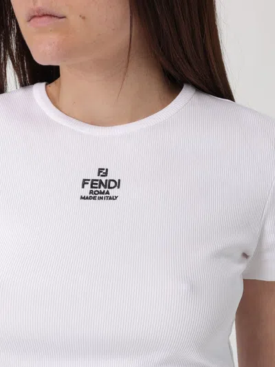 Fendi Women White Ribbed Crop T-shirt With Logo Embroidery In Cotton Woman