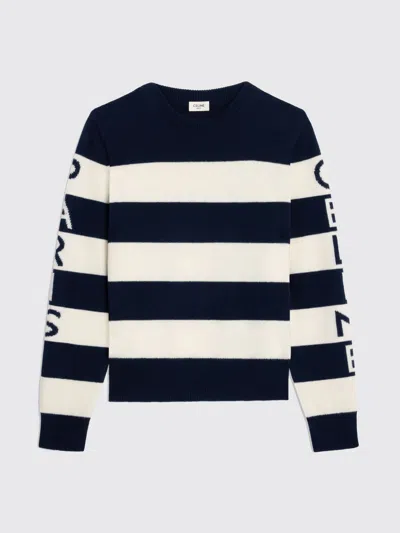 Celine Ecru And Navy Wool And Cashmere Blend Stripe Sweater In Blue