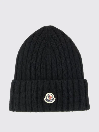 Moncler Logo Patch Cuff Virgin Wool Rib Beanie In Black
