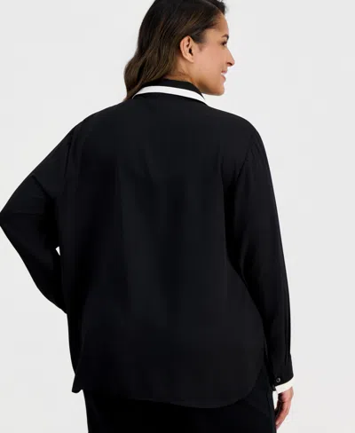 Anne Klein Plus Size Spread-collar Button-front Blouse In Black