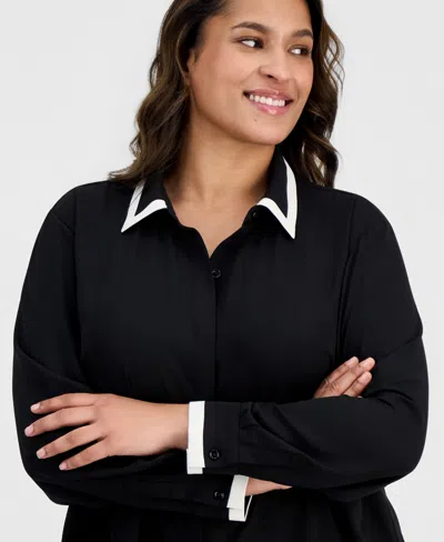 Anne Klein Plus Size Spread-collar Button-front Blouse In Black