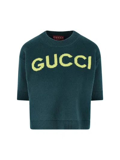 Gucci Women Wool Sweater With Frontal Logo Embroidery In Green
