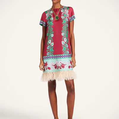 La Doublej Swing Feather-trimmed Printed Silk-twill Mini Dress In Pink