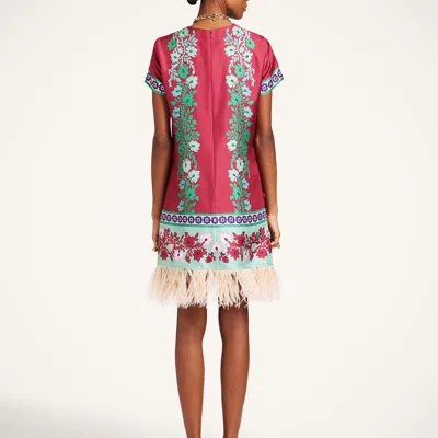 La Doublej Swing Feather-trimmed Printed Silk-twill Mini Dress In Pink