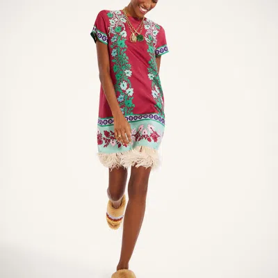 La Doublej Swing Feather-trimmed Printed Silk-twill Mini Dress In Pink